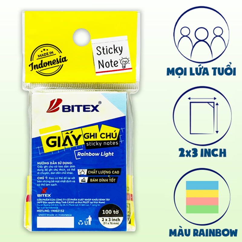 Bitex - Túi Giấy Ghi Chú 100 Tờ 3x2inch SN01 Màu Rainbow