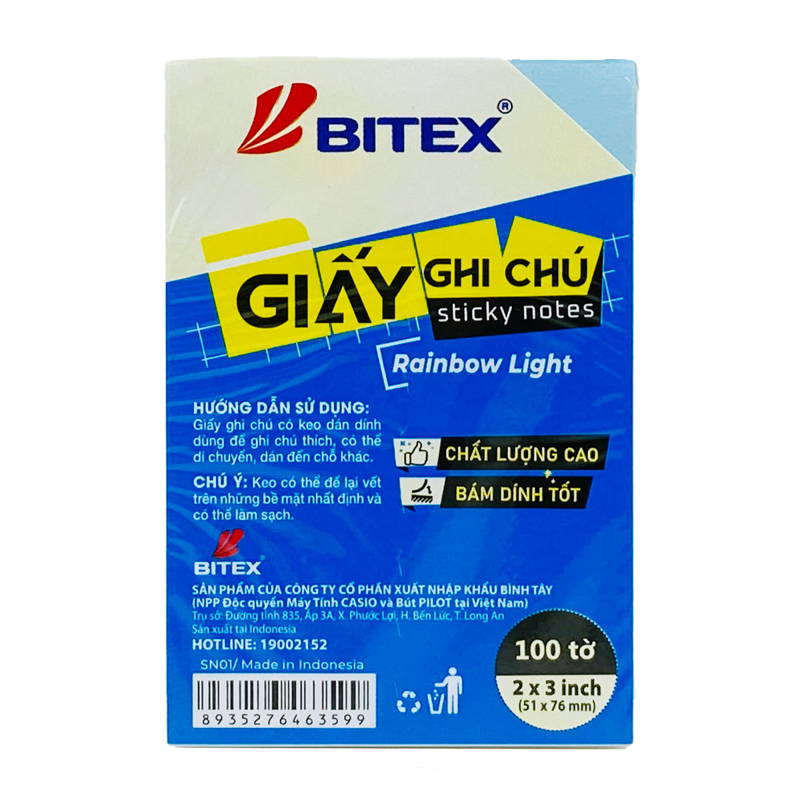 Bitex - Túi Giấy Ghi Chú 100 Tờ 3x2inch SN01 Màu Rainbow