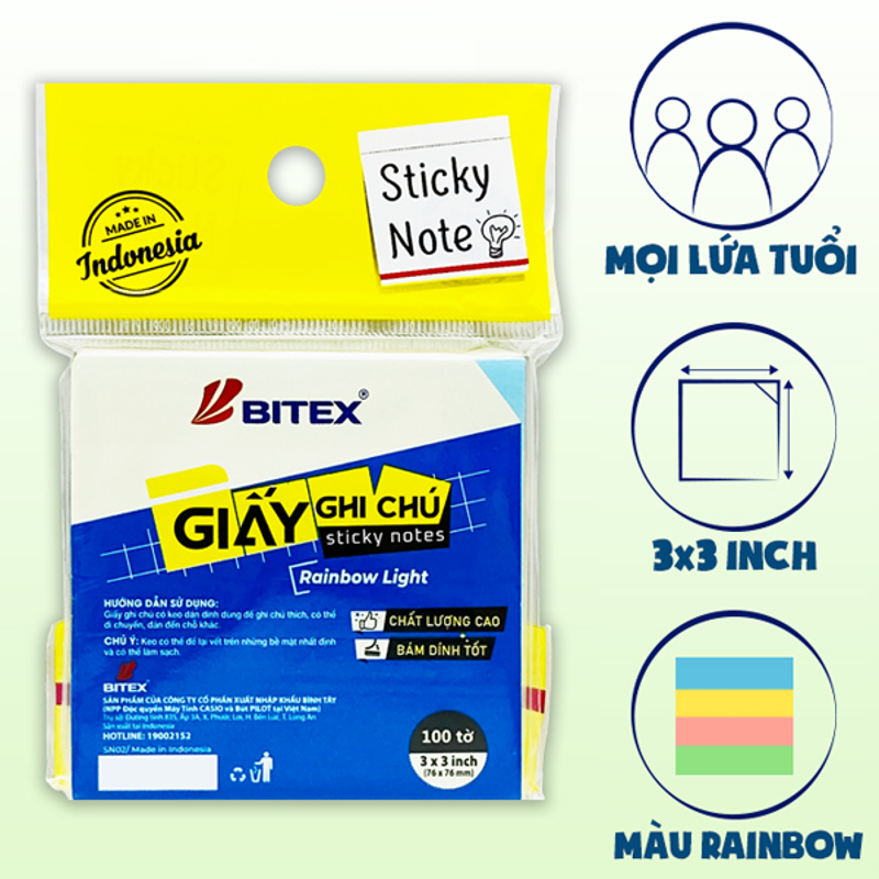 Bitex - Túi Giấy Ghi Chú 100 Tờ 3x3inch SN02 Màu Rainbow