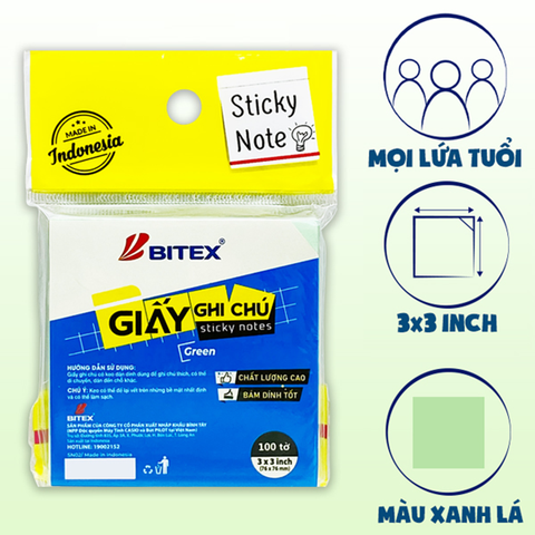 Bitex - Túi Giấy Ghi Chú 100 Tờ 3x3inch SN02 Màu Xanh Lá