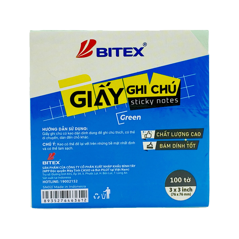 Bitex - Túi Giấy Ghi Chú 100 Tờ 3x3inch SN02 Màu Xanh Lá
