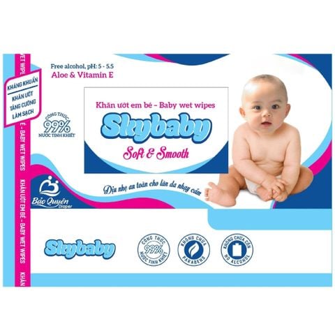 Bảo Quyên Diaper Skybaby Khăn ướt em bé - Baby wet wipes Dịu nhẹ an toàn cho làn da nhạy cảm Free alcohol, pH: 5 - 5.5 Aloe & Vitamin E Công Thức 99% Nước Tinh Khiết Không Chứa PARABENS Không Chứa Cồn NO ALCOHOL Kháng Khuẩn Khăn Ướt Tăng Cường Làm Sạch