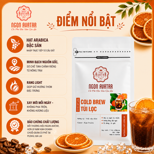 Cà Phê Ủ Lạnh Cold Brew Túi Lọc Nguyên Chất 100%, Hỗ Trợ Giảm Cân, Thơm Ngon Hương Thơm Trái Cây Dễ Uống