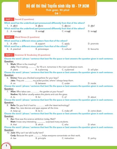 [Online Practice Test] Bộ đề thi thử Tuyển sinh lớp 10 Môn Tiếng Anh (TP.Hồ Chí Minh) (Đề lẻ)