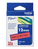  Brother TZe-431, khổ 12mm, dài 8m, Black on Red, chống thấm nước 