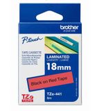  Brother TZe-441, khổ 18mm, dài 8m, Black on Red, chống thấm nước 