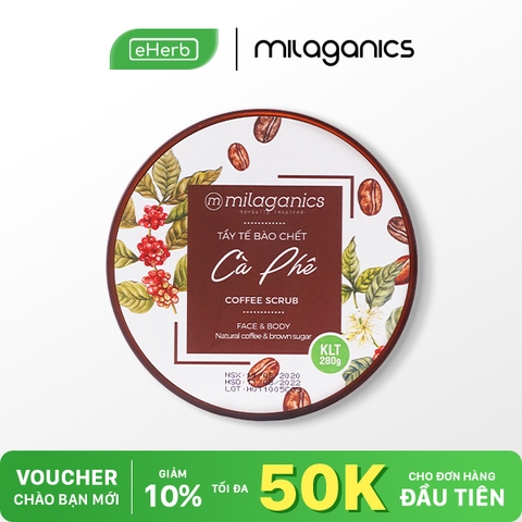  Tẩy tế bào chết cà phê MILAGANICS trắng da, mờ thâm body hạt nhỏ không gây tổn thương da 280gr (hũ) 