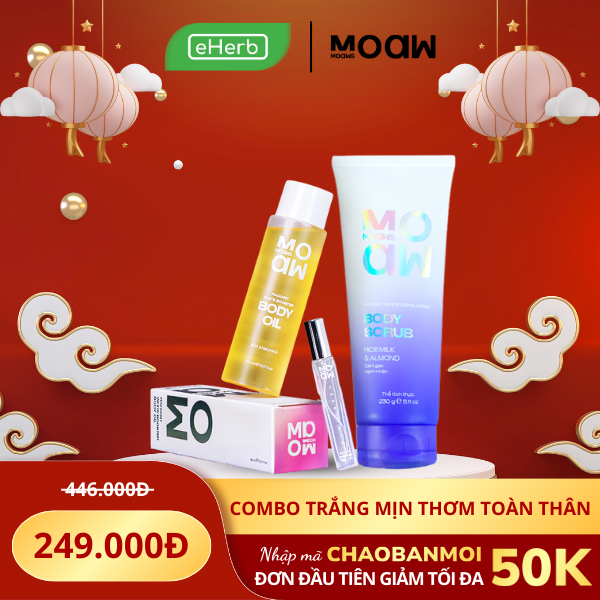  COMBO 249K: Combo Trắng Mịn Thơm Moaw Moaws - Scrub Sữa Gạo Hạnh Nhân, Dầu Dưỡng Body, Nước Hoa Hẹn Hò 