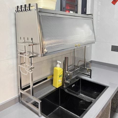 Kệ Úp Chén Inox 304 Có Nắp Đậy Cao Cấp - Chống Bụi Gián