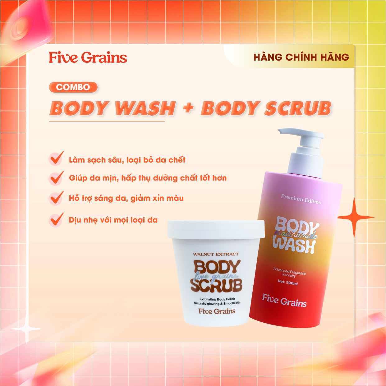 Combo Five Grains Sữa tắm 500ml và Tẩy tế bào chết body Niacinamide 200g hỗ trợ dưỡng sáng da