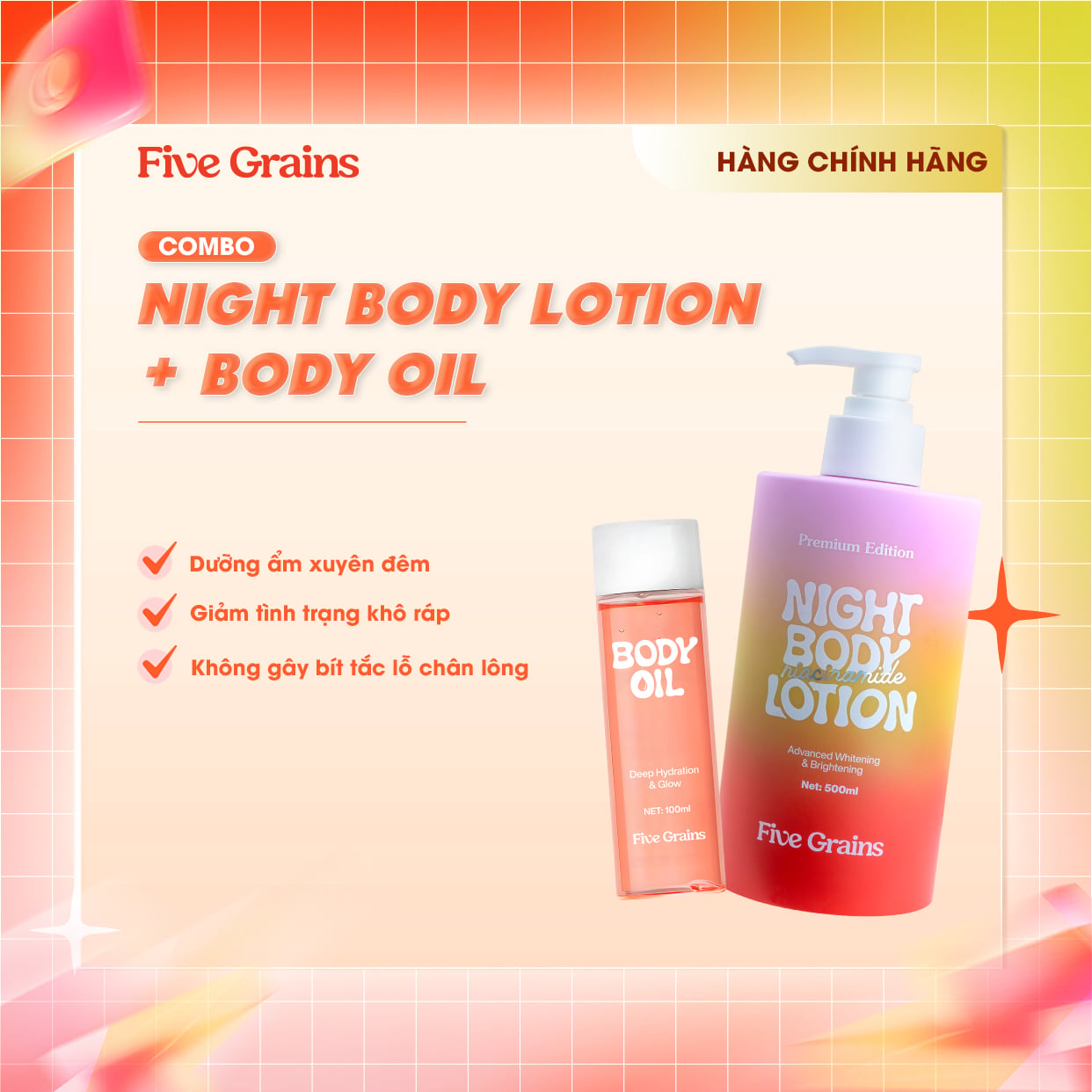 Combo Dưỡng da Cao Cấp Body Oil 100ml - Kem dưỡng ban đêm 500ml Five Grains Niacinamide, Alpha-Arbutin