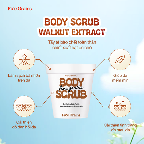 Tẩy tế bào chết body Niacinamide Cao cấp Five Grains chiết xuất quả Óc chó 200g