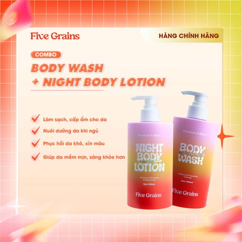 Combo dưỡng trắng da body sữa tắm, sữa dưỡng thể Five Grains Niacinamide, Alpha-Arbutin 500ml