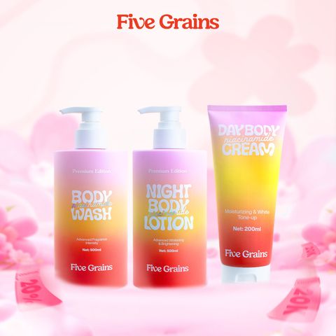 Bộ ba giúp dưỡng trắng chuyên sâu Five Grains (Sữa tắm 500ML & Kem dưỡng nâng tone 200ML & Kem dưỡng ban đêm 500ML)
