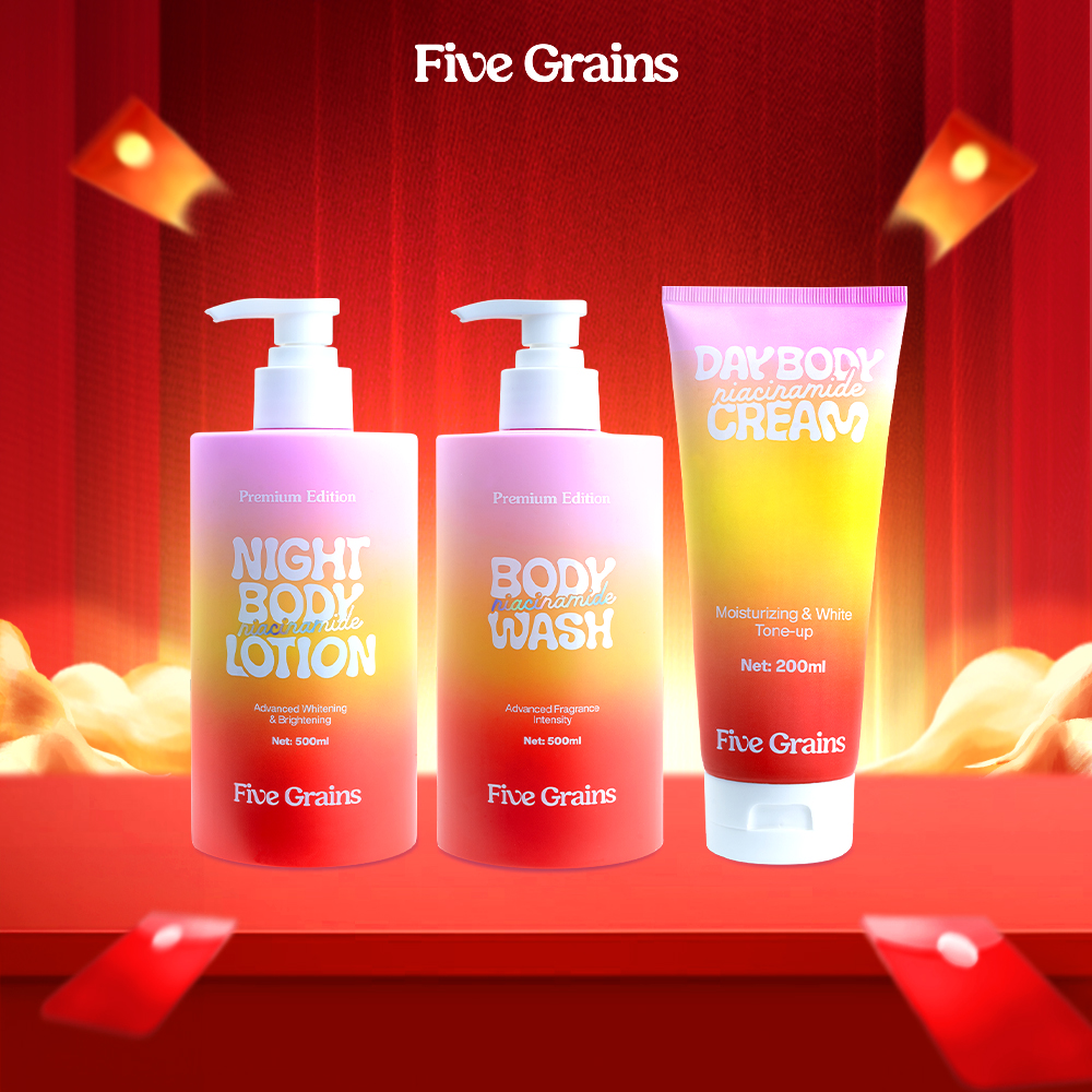 Bộ ba giúp dưỡng trắng chuyên sâu Five Grains (Sữa tắm 500ML & Kem dưỡng nâng tone 200ML & Kem dưỡng ban đêm 500ML)