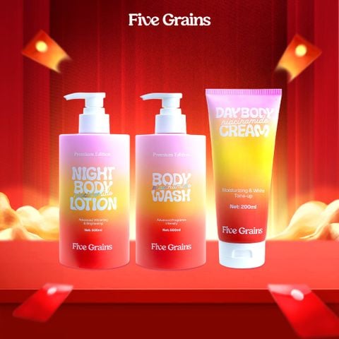 Bộ ba giúp dưỡng trắng chuyên sâu Five Grains (Sữa tắm 500ML & Kem dưỡng nâng tone 200ML & Kem dưỡng ban đêm 500ML)