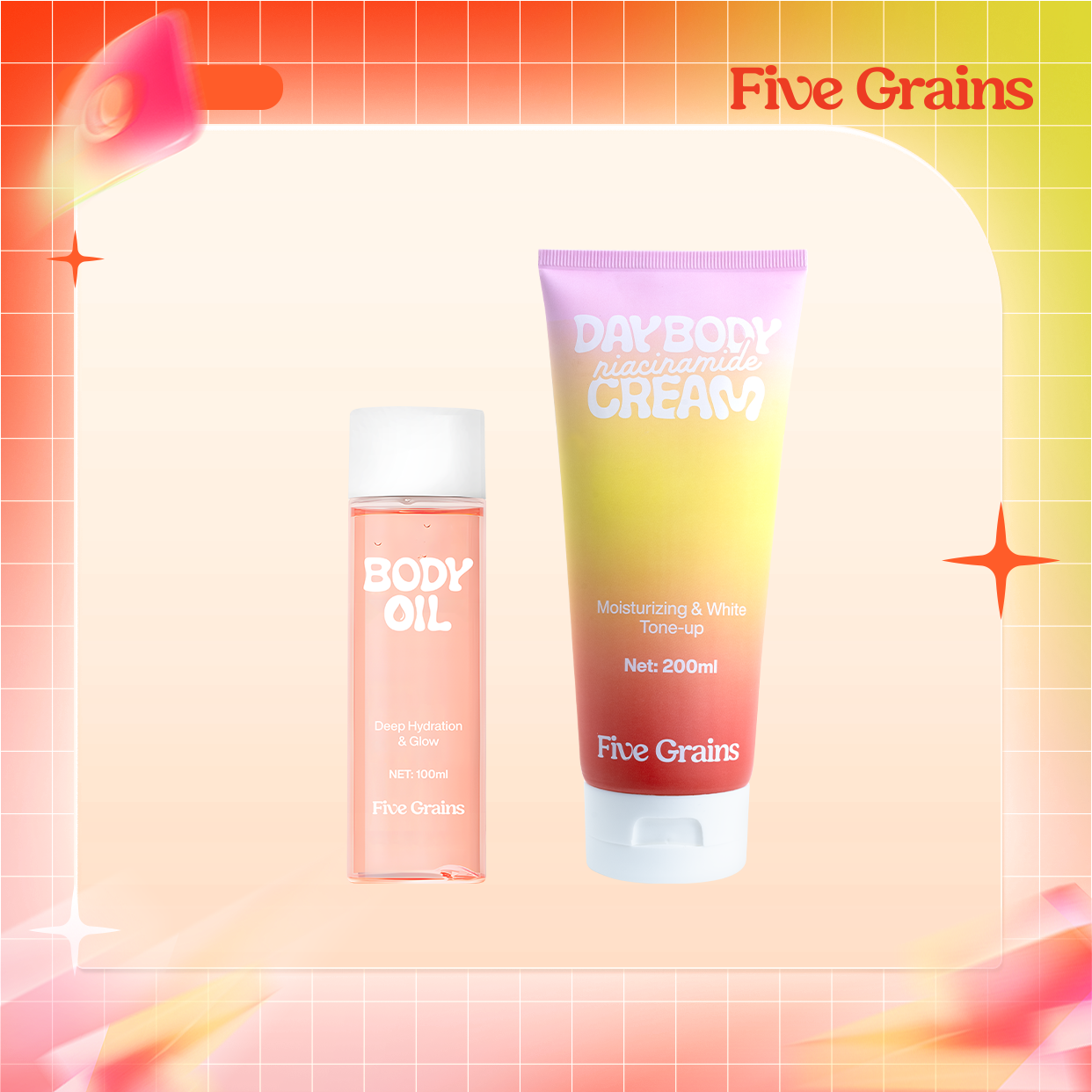 Combo Dưỡng da Cao Cấp Body Oil 100ml - Kem dưỡng Cao cấp Five Grains trắng da Niacinamide, Alpha-Arbutin nâng tone ban ngày 200ML