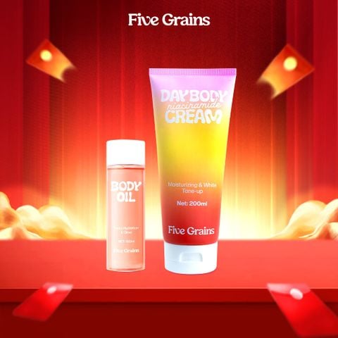 Combo Dưỡng da Cao Cấp Body Oil 100ml - Kem dưỡng Cao cấp Five Grains trắng da Niacinamide, Alpha-Arbutin nâng tone ban ngày 200ML