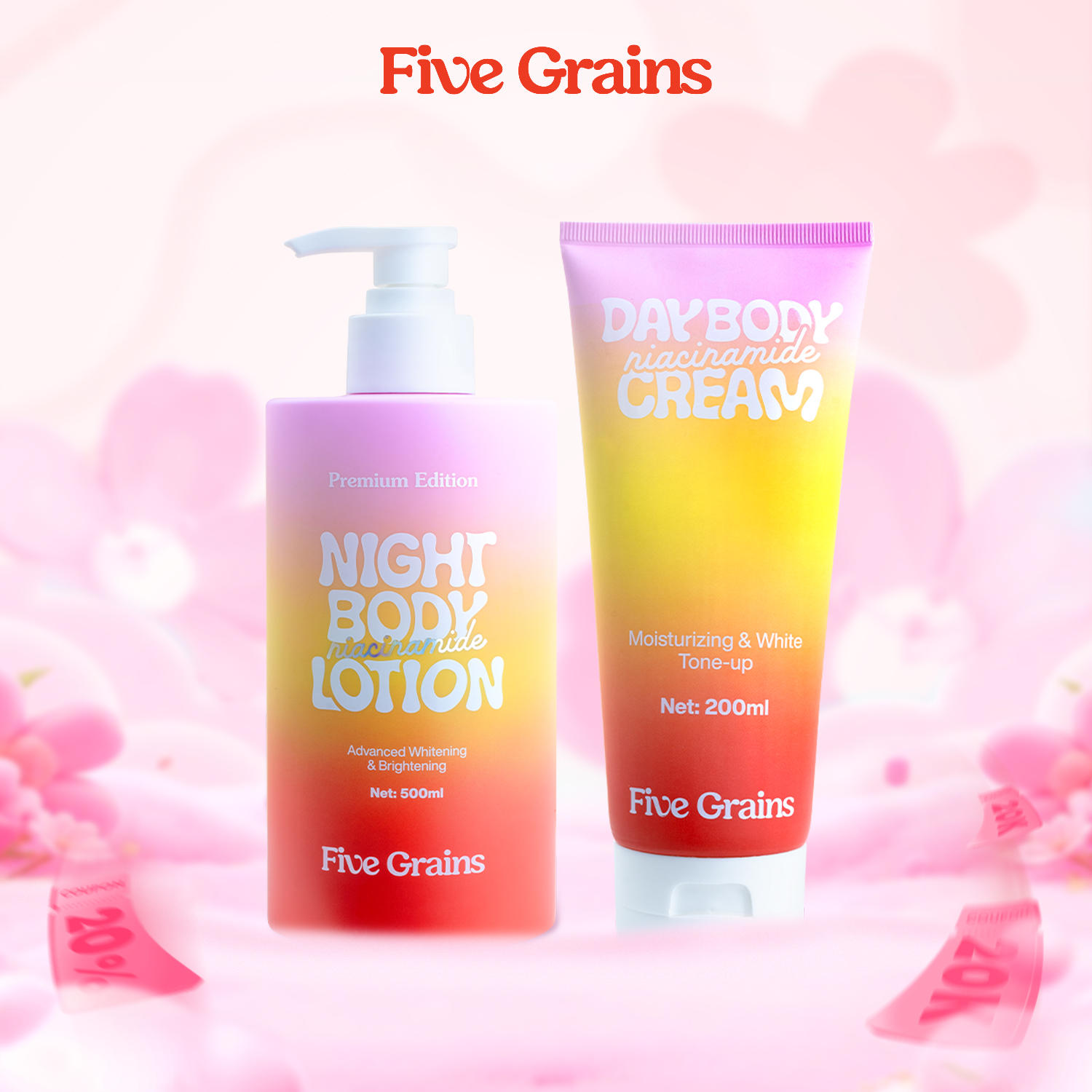 Combo kem dưỡng giúp dưỡng ẩm dưỡng trắng da body ban ngày 200ml và ban đêm 500ml Five Grains Niacinamide, Alpha-Arbutin