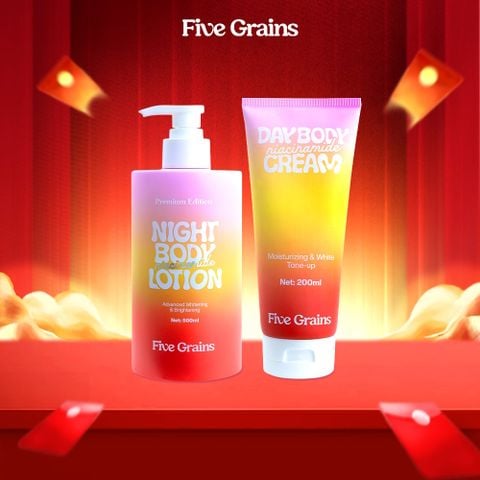 Combo kem dưỡng giúp dưỡng ẩm dưỡng trắng da body ban ngày 200ml và ban đêm 500ml Five Grains Niacinamide, Alpha-Arbutin