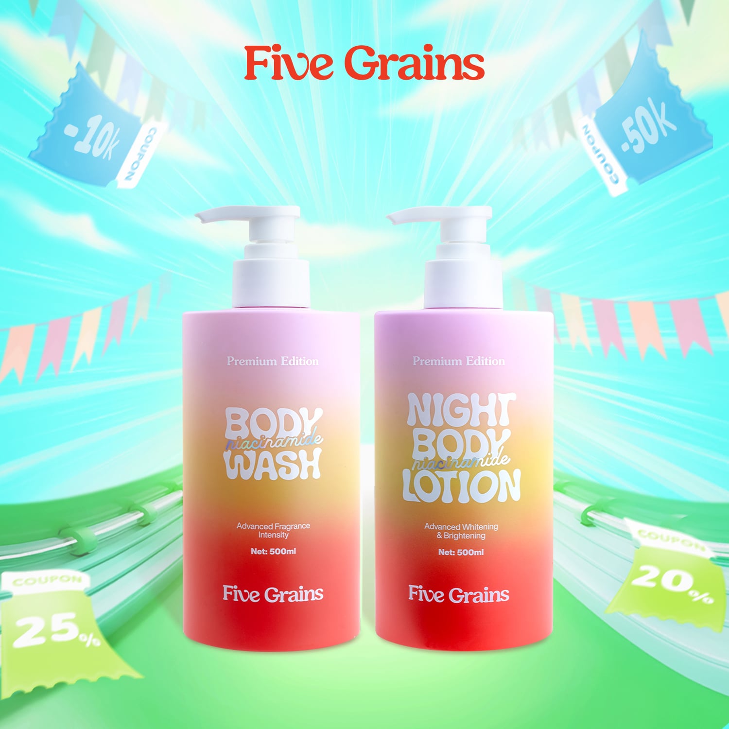 Combo dưỡng trắng da body sữa tắm, sữa dưỡng thể Five Grains Niacinamide, Alpha-Arbutin 500ml