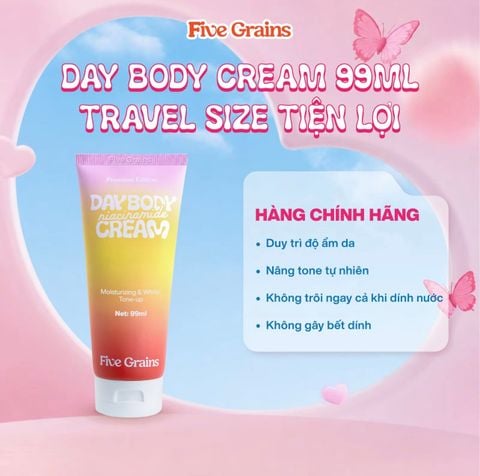 Combo kem dưỡng giúp dưỡng ẩm dưỡng trắng da body ban ngày Travel Size 99ml và ban đêm 500ml Five Grains Niacinamide, Alpha-Arbutin