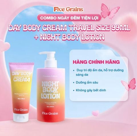 Combo kem dưỡng giúp dưỡng ẩm dưỡng trắng da body ban ngày Travel Size 99ml và ban đêm 500ml Five Grains Niacinamide, Alpha-Arbutin