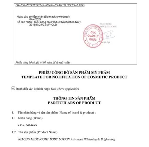 Combo kem dưỡng giúp dưỡng ẩm dưỡng trắng da body ban ngày Travel Size 99ml và ban đêm 500ml Five Grains Niacinamide, Alpha-Arbutin