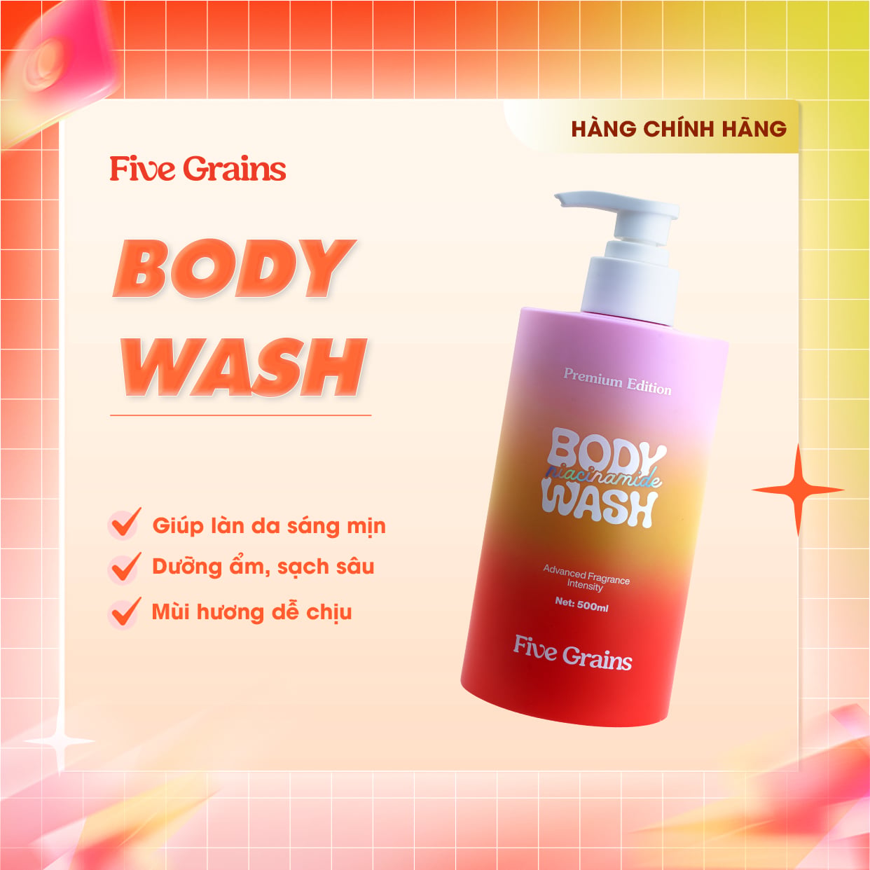 Sữa tắm Cao cấp Five Grains giúp dưỡng trắng da Niacinamide lưu hương nước hoa 500ML phiên bản nâng cấp
