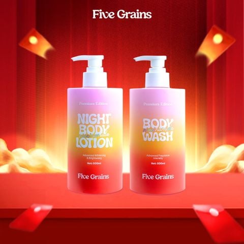 Combo dưỡng trắng da body sữa tắm, sữa dưỡng thể Five Grains Niacinamide, Alpha-Arbutin 500ml