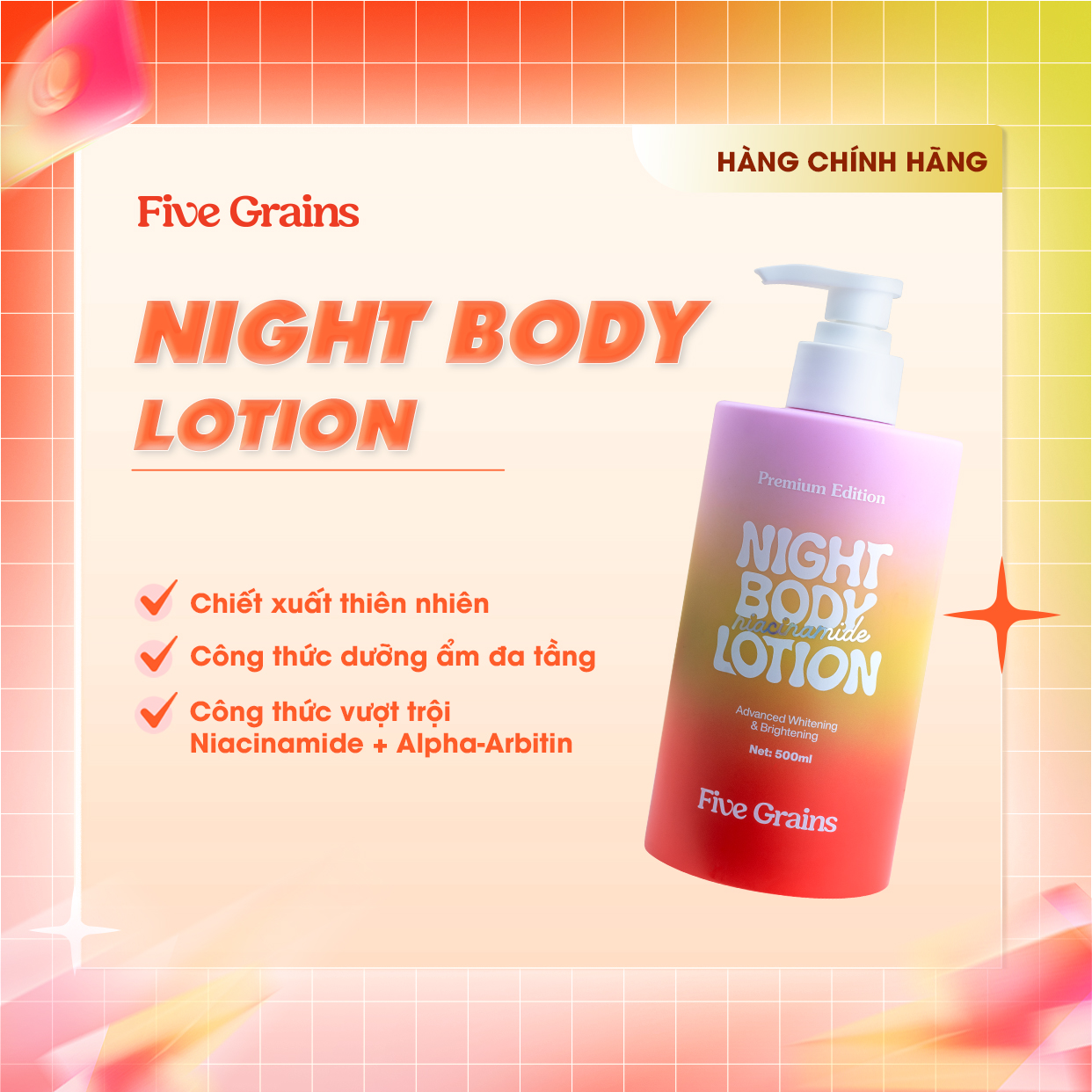 Kem dưỡng body Cao cấp Five Grains dưỡng trắng da Niacinamide, Alpha-Arbutin ban đêm bản nâng cấp 500ML