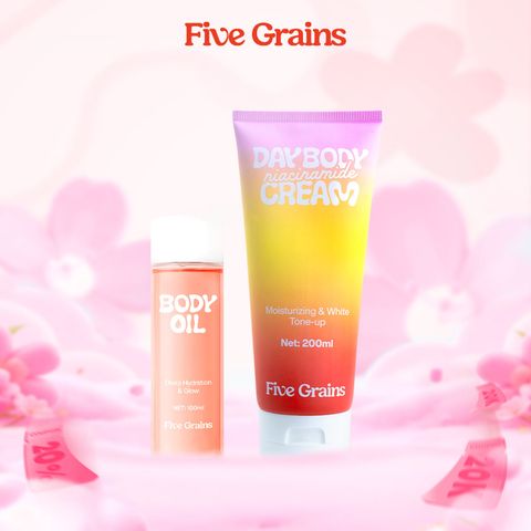 Combo Dưỡng da Cao Cấp Body Oil 100ml - Kem dưỡng Cao cấp Five Grains trắng da Niacinamide, Alpha-Arbutin nâng tone ban ngày 200ML