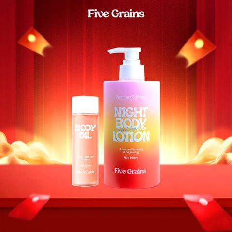 Combo Dưỡng da Cao Cấp Body Oil 100ml - Kem dưỡng ban đêm 500ml Five Grains Niacinamide, Alpha-Arbutin
