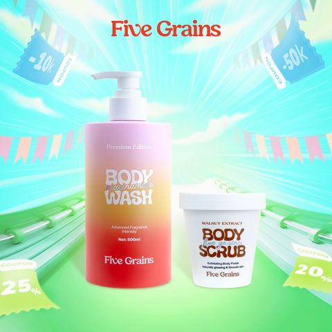 Combo Five Grains Sữa tắm 500ml và Tẩy tế bào chết body Niacinamide 200g hỗ trợ dưỡng sáng da