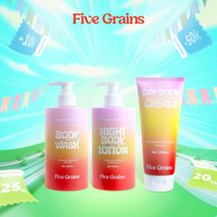 Bộ ba giúp dưỡng trắng chuyên sâu Five Grains (Sữa tắm 500ML & Kem dưỡng nâng tone 200ML & Kem dưỡng ban đêm 500ML)