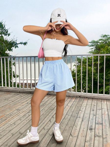 Quần short kẻ sọc xanh dáng rộng thoải mái YN156