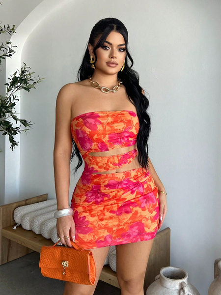 Đầm Nữ Ôm Body Cam Quyến Rũ Họa Tiết Hoa Khoét Eo YN015