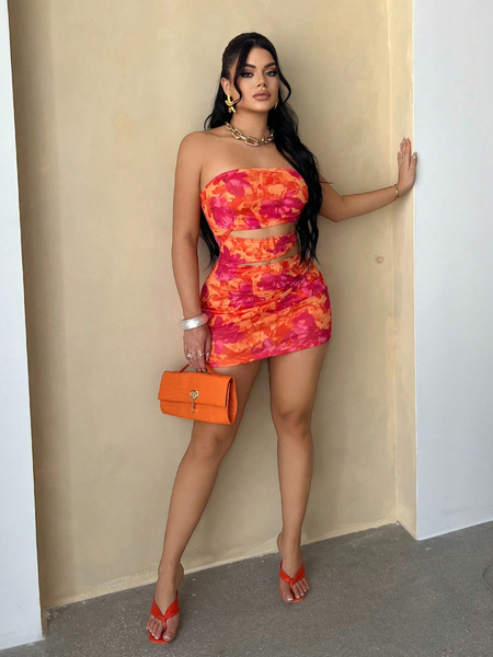 Đầm Nữ Ôm Body Cam Quyến Rũ Họa Tiết Hoa Khoét Eo YN015