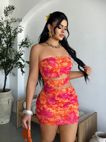 Đầm Nữ Ôm Body Cam Quyến Rũ Họa Tiết Hoa Khoét Eo YN015