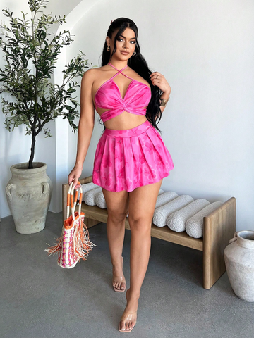 Chân Váy Ngắn Xếp Ly - Họa Tiết Nhuộm Loang Đi Biển Mùa Hè YN023