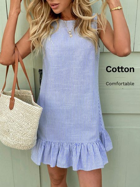Đầm nữ cổ tròn sát nách kẻ sọc xanh trắng, chân váy nhún bèo YN154