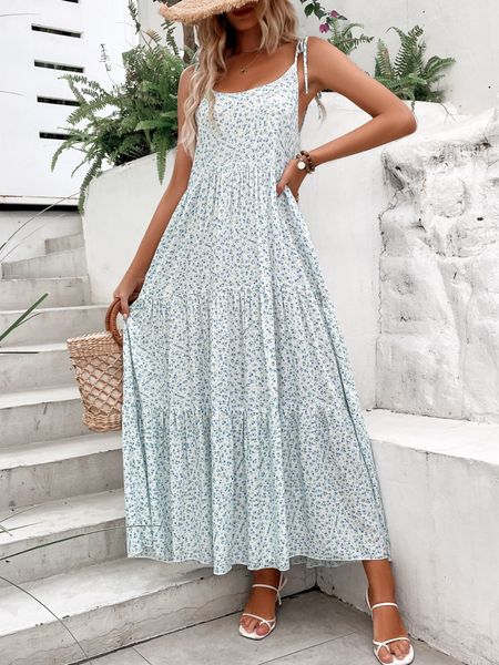 Đầm maxi hai dây cột nơ, chân váy xếp tầng họa tiết hoa nhí YN153