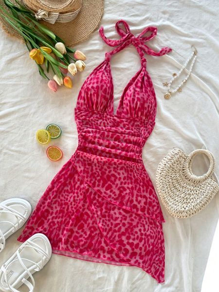 Đầm cổ yếm V buộc dây, thân váy nhún phối lưới họa tiết da báo phong cách vintage YN155