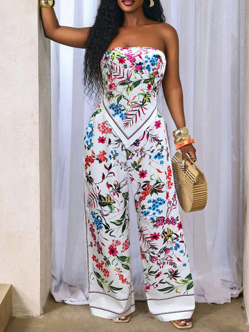 Bộ Quần Áo Nữ Họa Tiết Hoa - Áo Sát Nách Vạt Bất Đối Xứng Và Quần Ống Suông Dáng Dài YN013