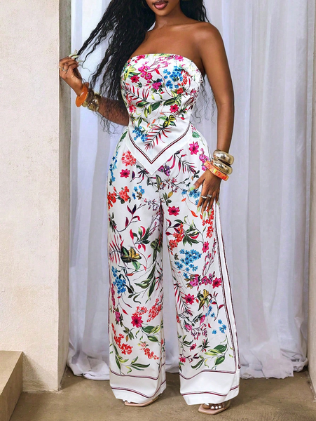 Bộ Quần Áo Nữ Họa Tiết Hoa - Áo Sát Nách Vạt Bất Đối Xứng Và Quần Ống Suông Dáng Dài YN013