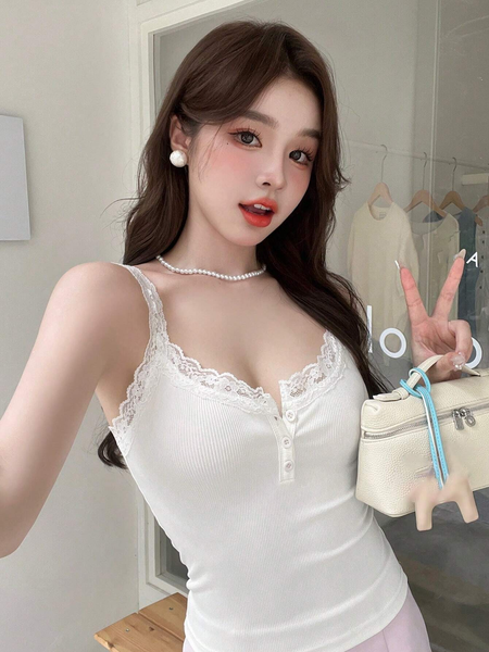 Áo Hai Dây Nữ Dáng Camisole Phối Ren Có Cúc Cài Phía Trước YN030