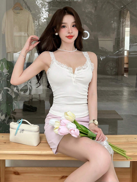 Áo Hai Dây Nữ Dáng Camisole Phối Ren Có Cúc Cài Phía Trước YN030