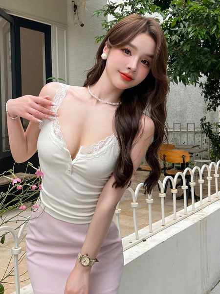 Áo Hai Dây Nữ Dáng Camisole Phối Ren Có Cúc Cài Phía Trước YN030