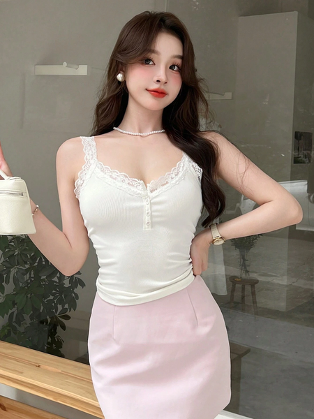 Áo Hai Dây Nữ Dáng Camisole Phối Ren Có Cúc Cài Phía Trước YN030