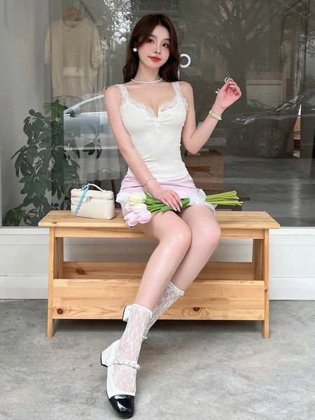 Áo Hai Dây Nữ Dáng Camisole Phối Ren Có Cúc Cài Phía Trước YN030